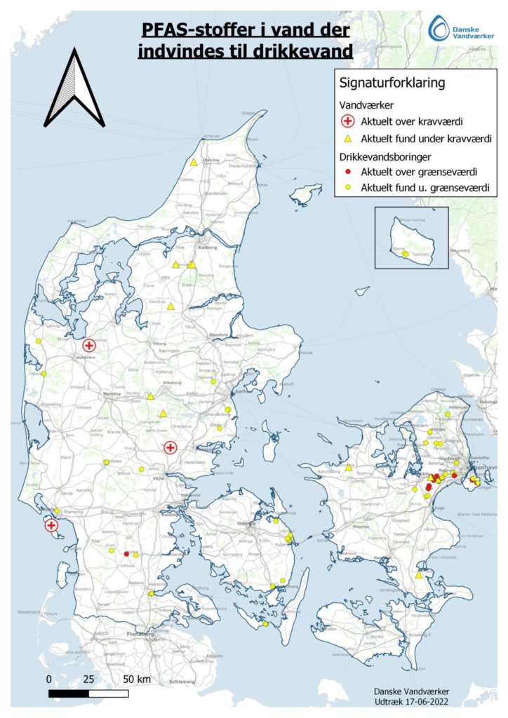 The military is destroying the environment by poioning grounmdwater. Here, a map of contaminated water sites in Denmark.